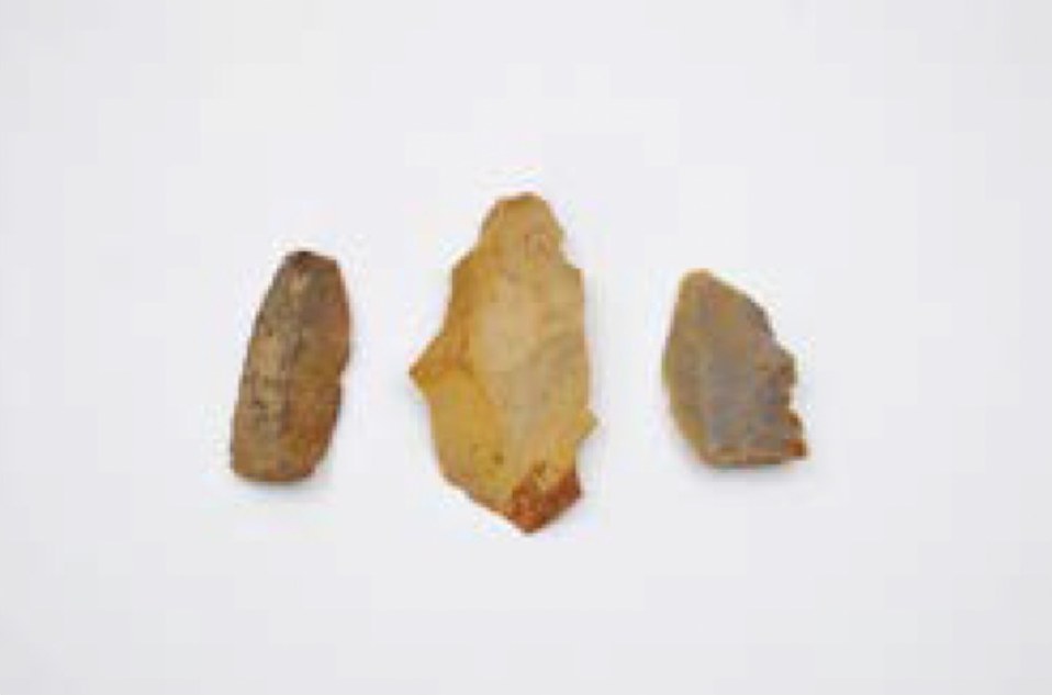 Strumenti in selce bionda e roccia rossastra (probabilmente raschiatoi).